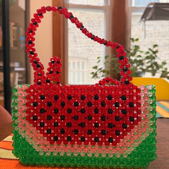 Susan Alexandra Classic Beaded Watermelon Purse with Double Strap Handles - Picture 4 of 5